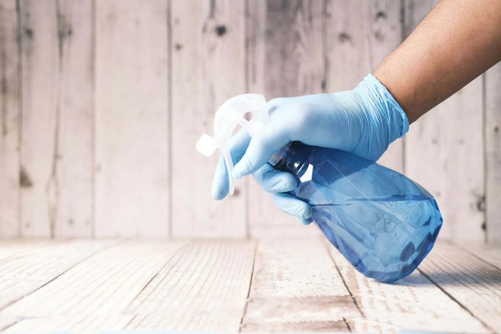 Gloved hand holding a cleaning spray bottle